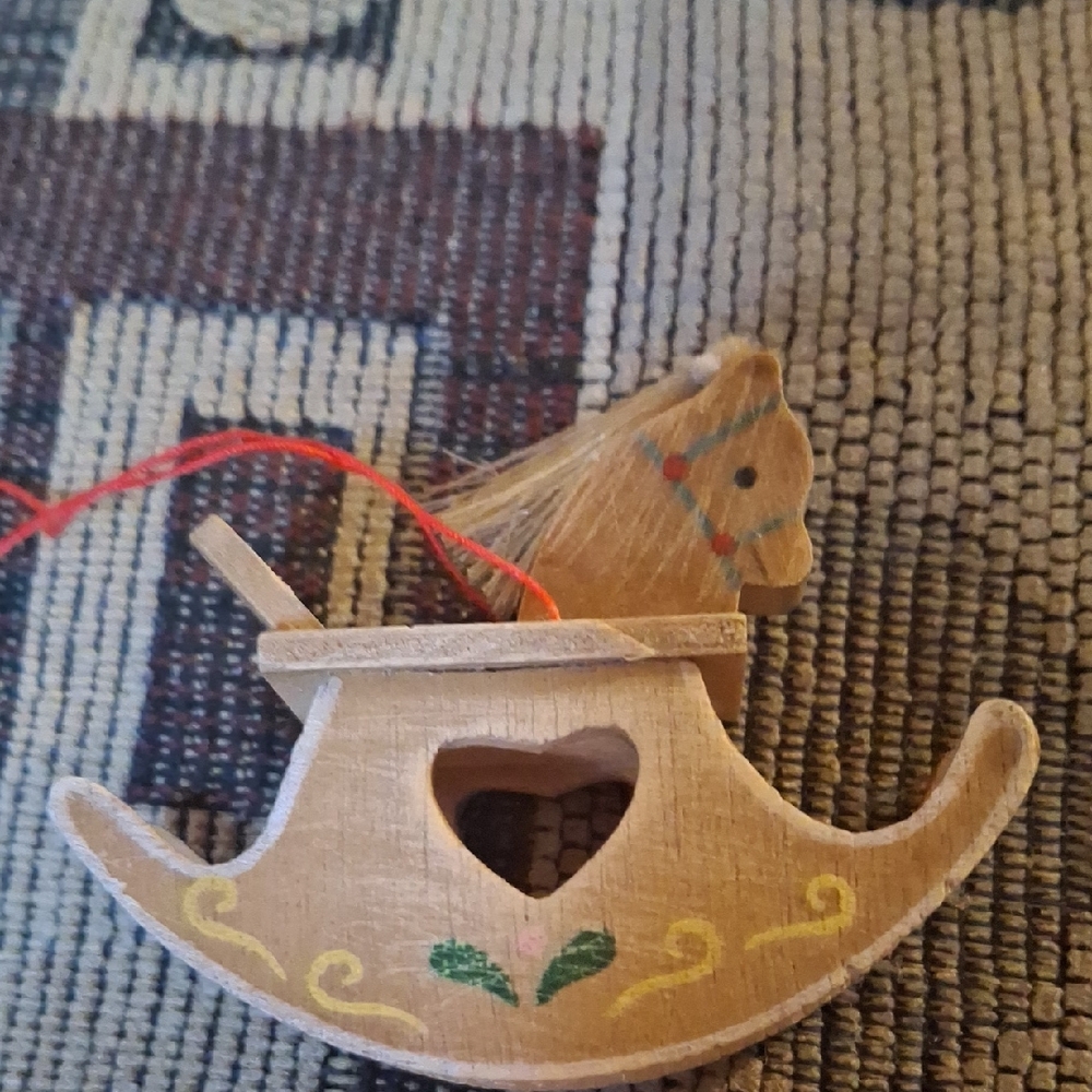 Handmade Wooden Rocking Horse Ornament - Natural Wood with Painted Accents